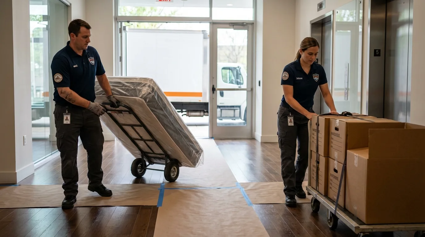 Professional apartment movers loading elevator in Norris, TN